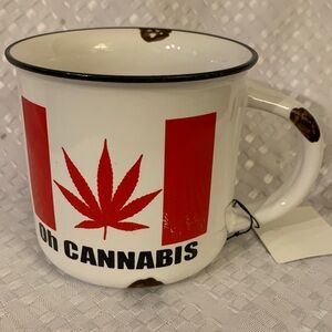 Oh Cannabis white mug, with a mix of Canada flag and cannabis leaf on each side.